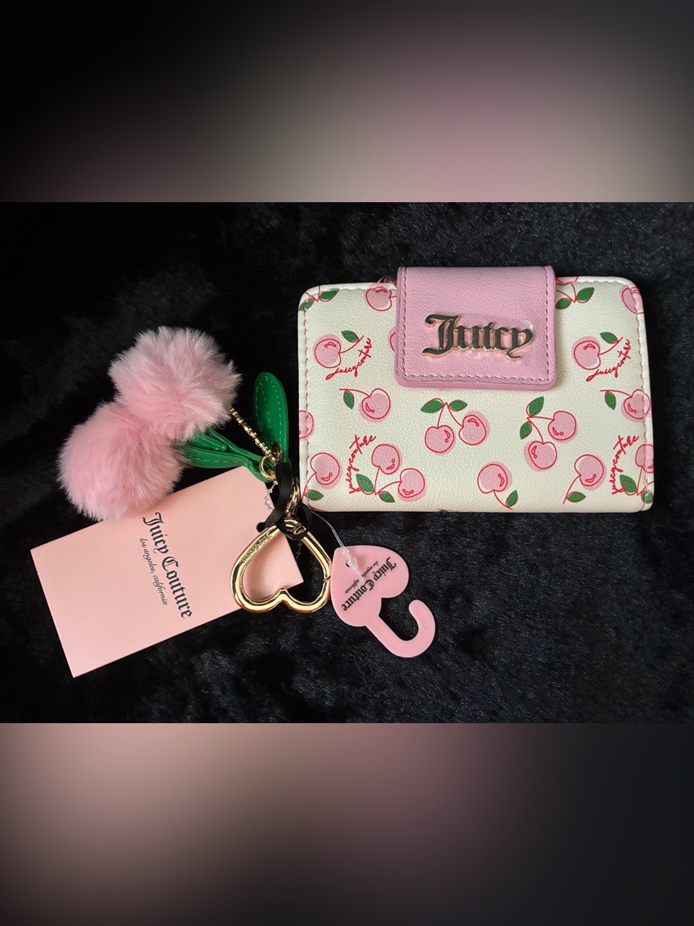 Juicy Couture Cherry Print Bifold Wallet with Coin Pocket & Pom Pom Charm